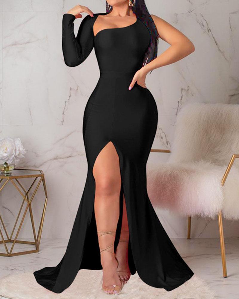 Open Back Irregular One-shoulder Long-sleeved Dress