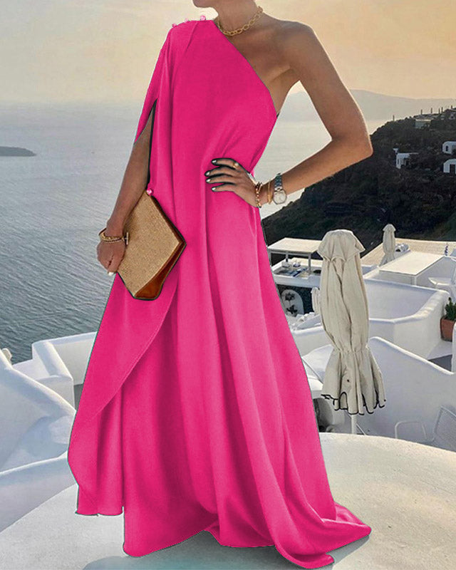 Solid Color Loose One Shoulder Long Dress