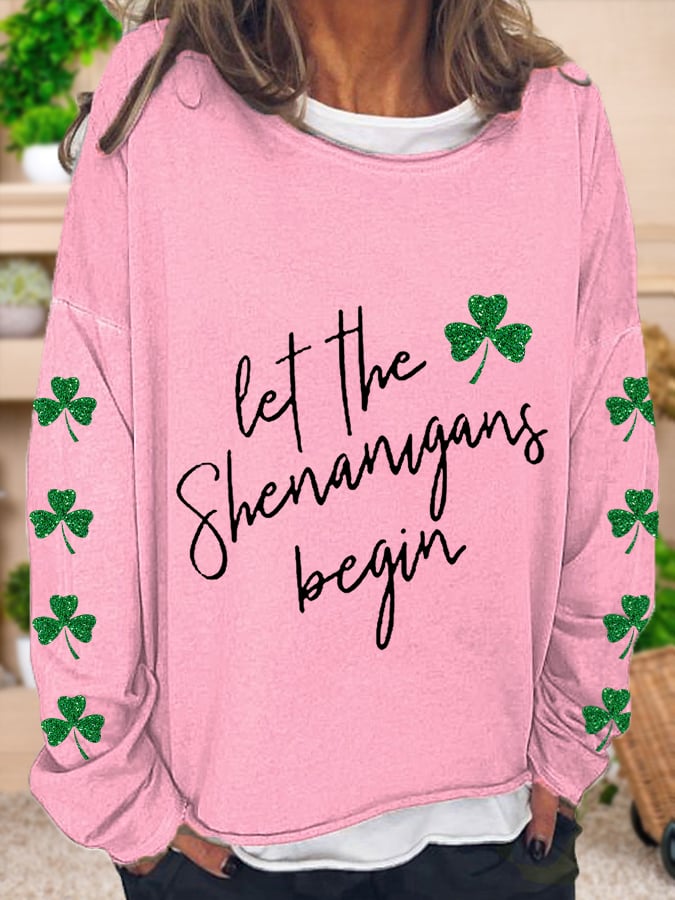 Women's St. Patrick's Day Lucky Glitter Shamrocks Casual Long-Sleeve T-Shirt