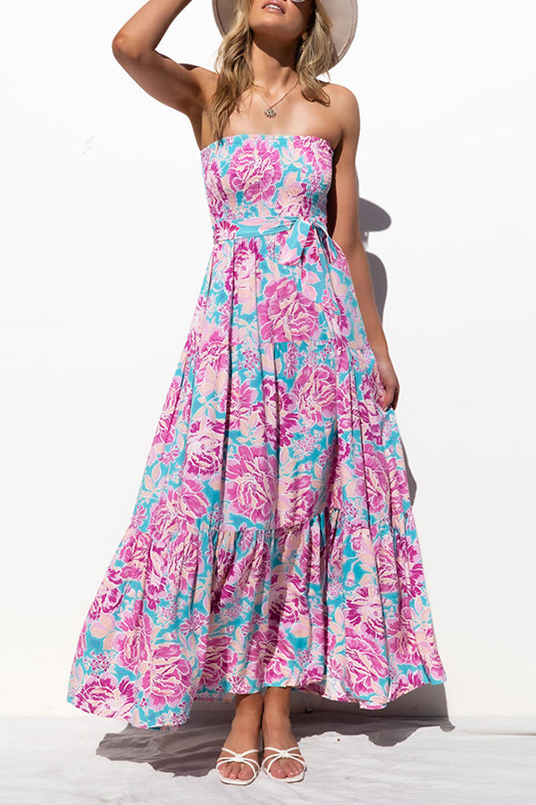 Strapless Backless Lace Up Print Maxi Dress