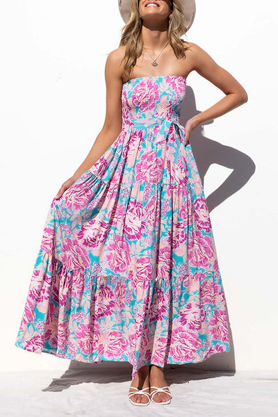 Strapless Backless Lace Up Print Maxi Dress