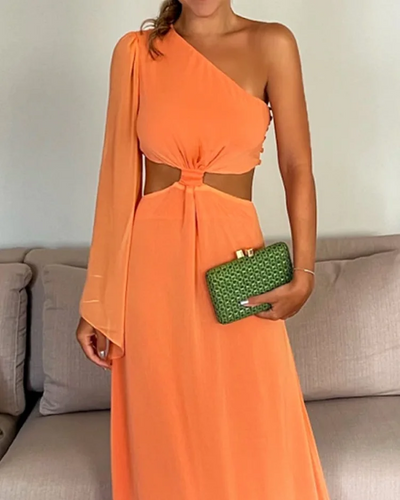 One Shoulder Chiffon Sexy Waist Maxi Dress