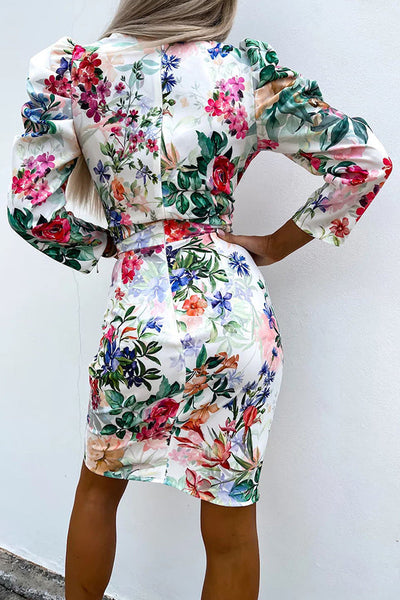 Floral Puff Shoulder Wrap Mini Dress