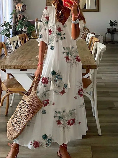 Casual Loose V-neck Printed  Long Dress