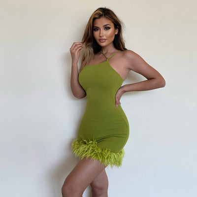 Olive Furry Hem Bodycon Mini Dress