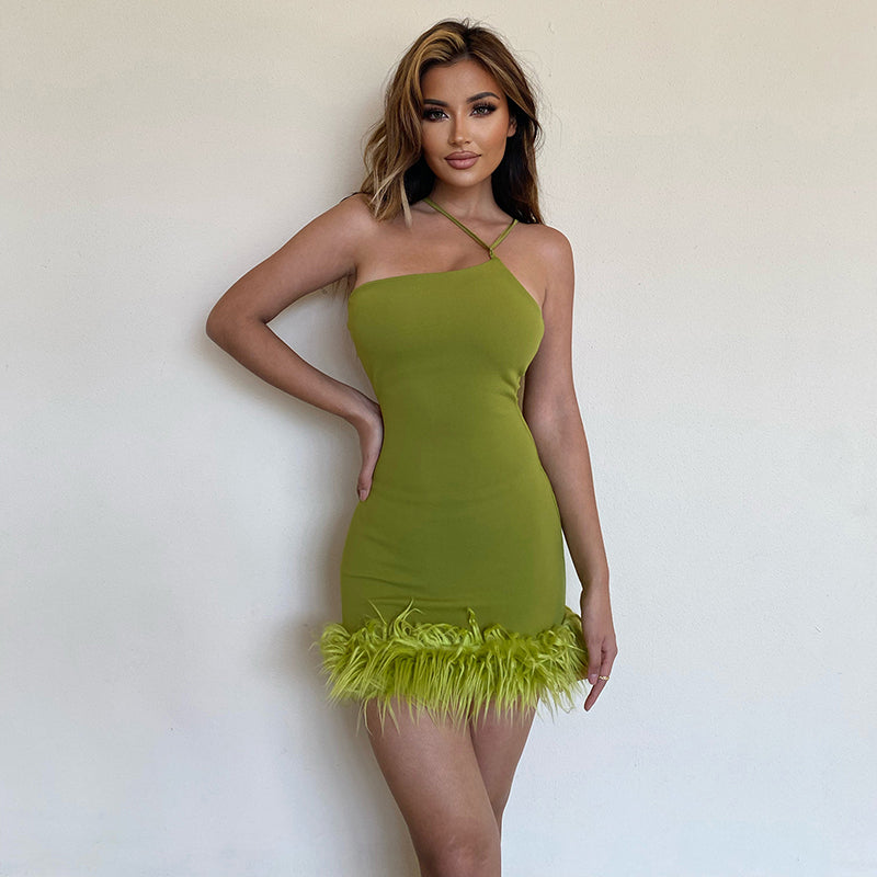 Olive Furry Hem Bodycon Mini Dress