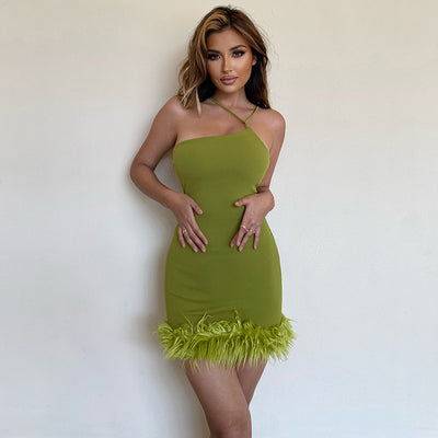 Olive Furry Hem Bodycon Mini Dress