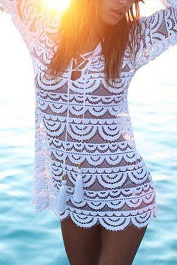 Solid Color Lace Long Sleeve Beach Dress