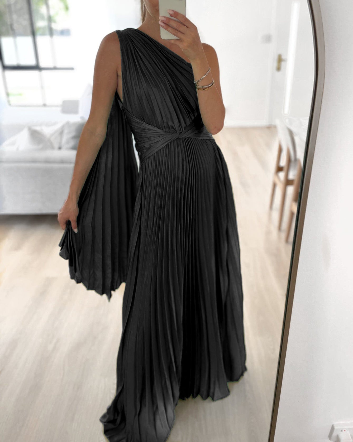 One-shoulder pleated satin dress