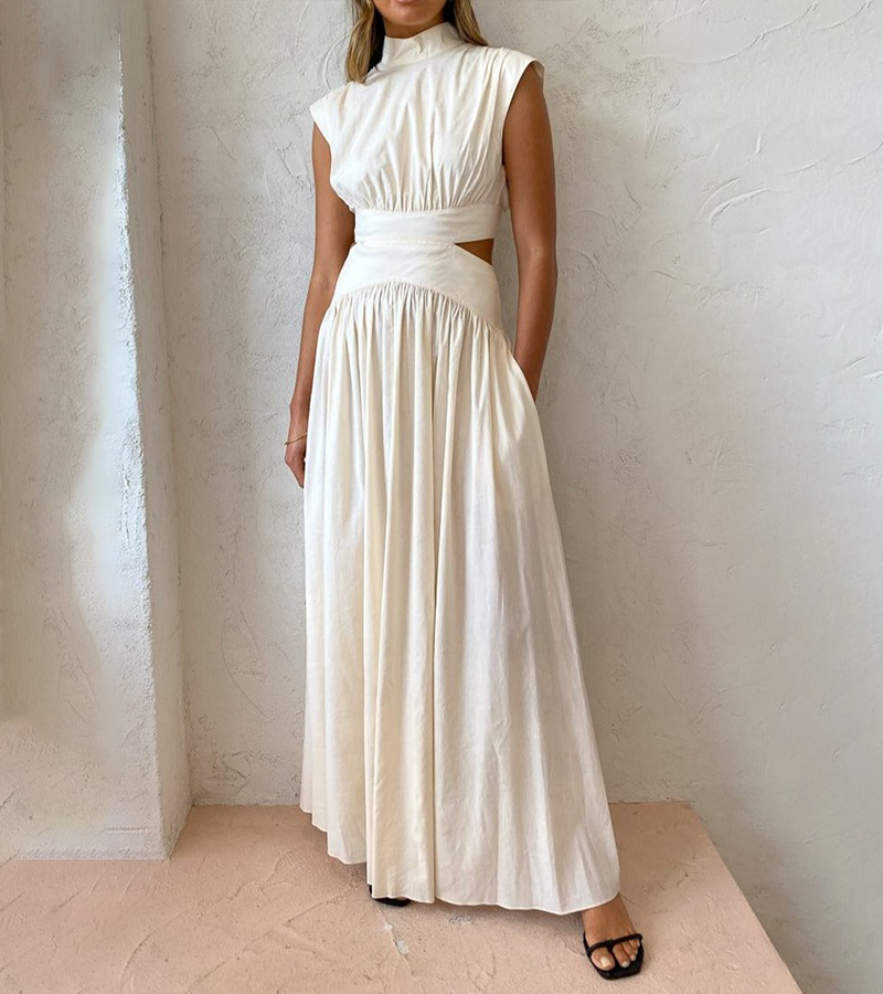 Robe longue chic à col montant, sans manches, taille sexy 