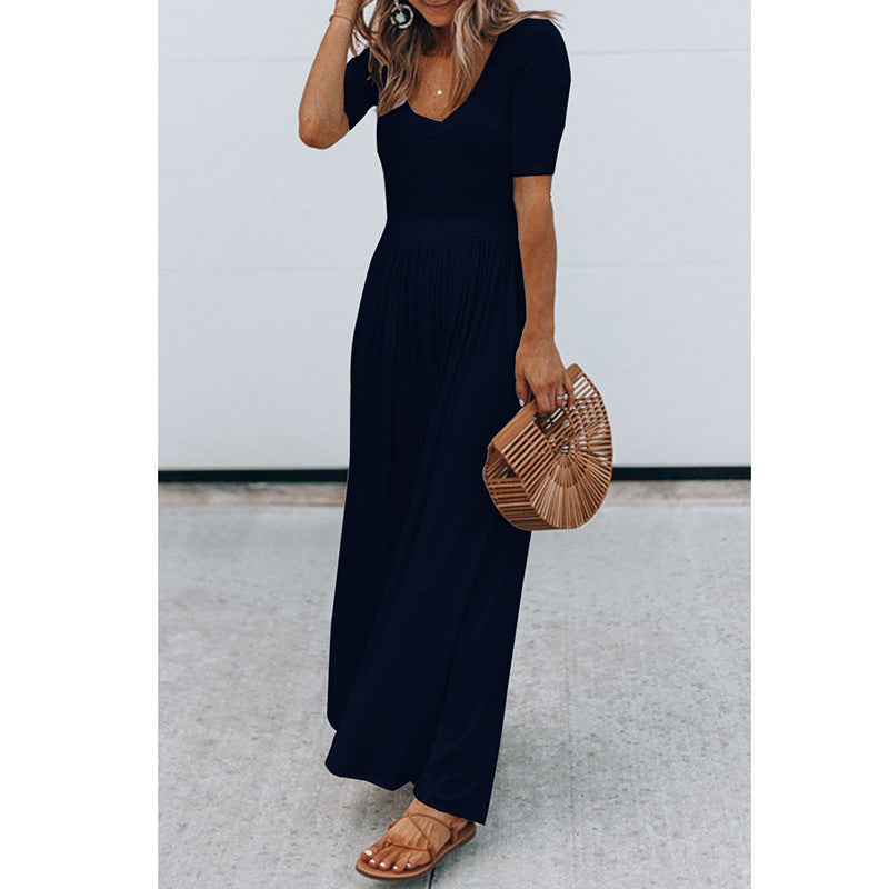 Casual Crew Neck Short Sleeve Jumpsuit