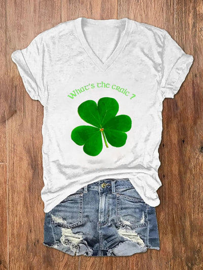 T-shirt à manches courtes et col en V What's The Craic de St. Patrick's pour femmes 