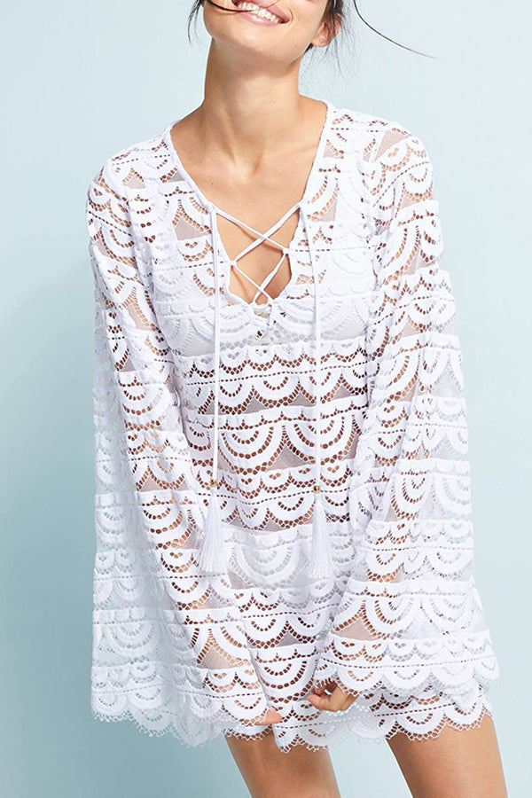 Solid Color Lace Long Sleeve Beach Dress