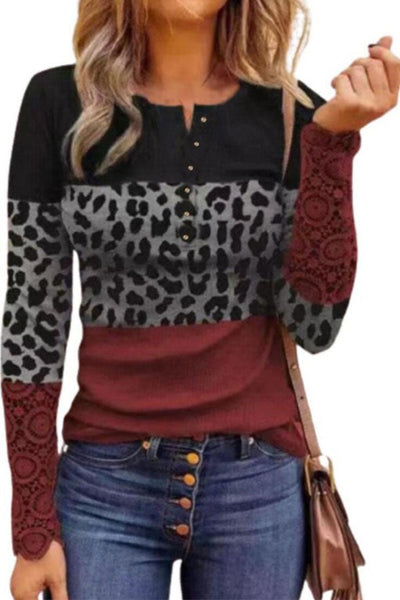 Leopard Round Neckline Long Sleeve Blouses