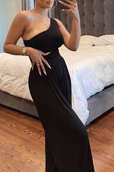 Irregular One Shoulder Solid Color Jumpsuit