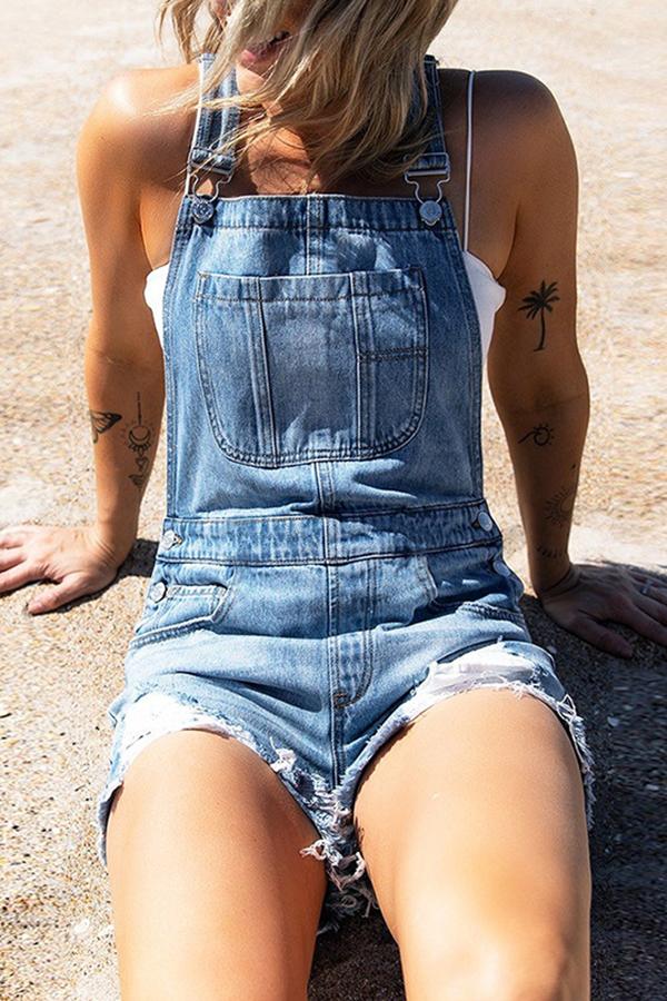 Casual Ripped Pocket Denim Overalls