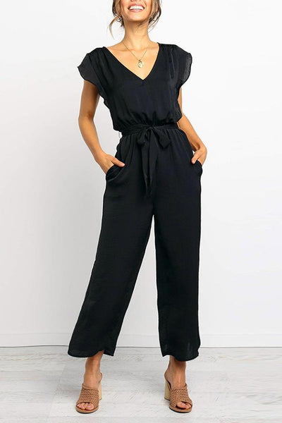 Basic-Jumpsuit aus Chiffon mit Schnürung und V-Ausschnitt