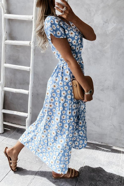 Floral V-neck Wrapped Midi Dress