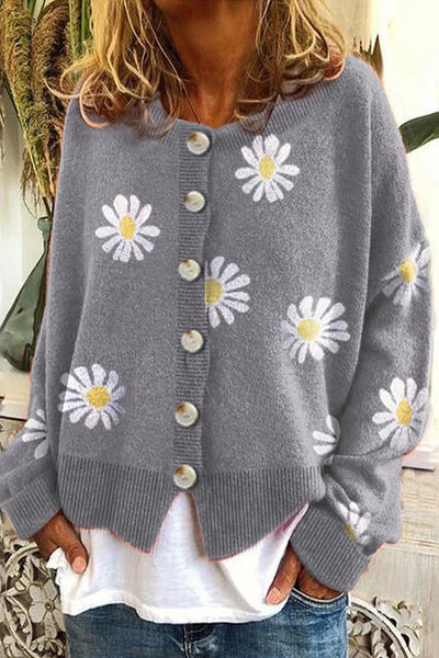 Cardigan pull tricoté à broderie florale à col rond