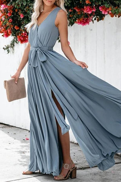 Elegant  V Neck Mid Waist Sleeveless Maxi Dress