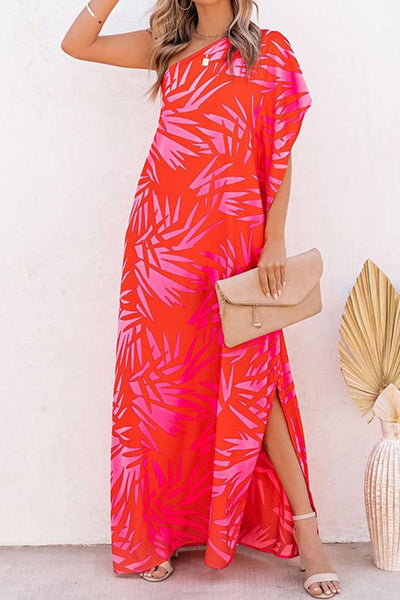 Palm Print One Shoulder Slit Maxi Dress