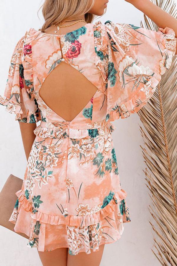 Floral Print Cutout Ruffled Chiffon Mini Dress