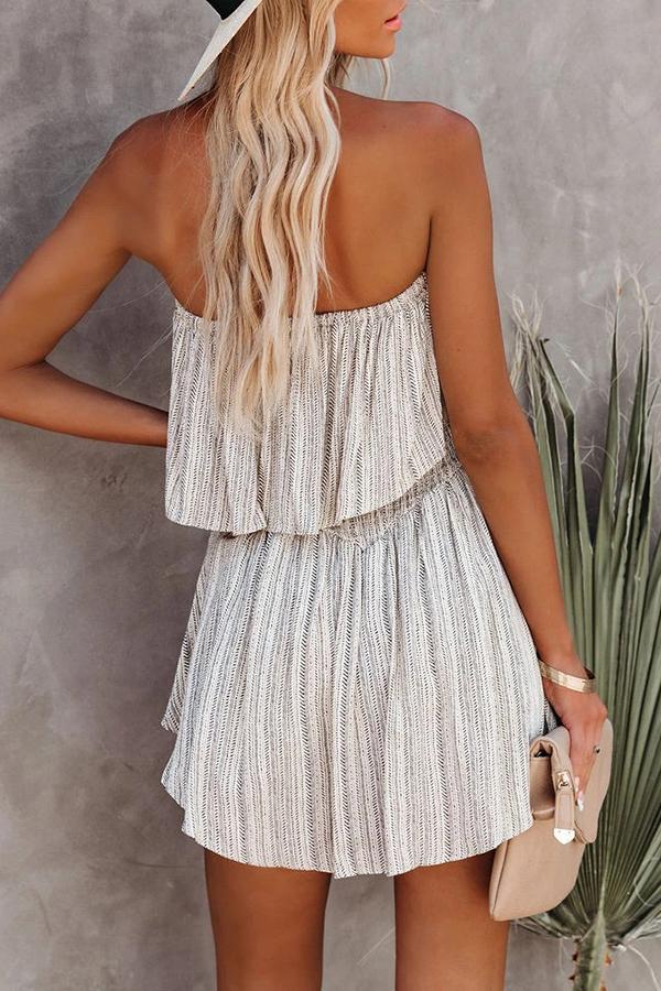 Fashion Striped Smocked Strapless Ruffled Romper