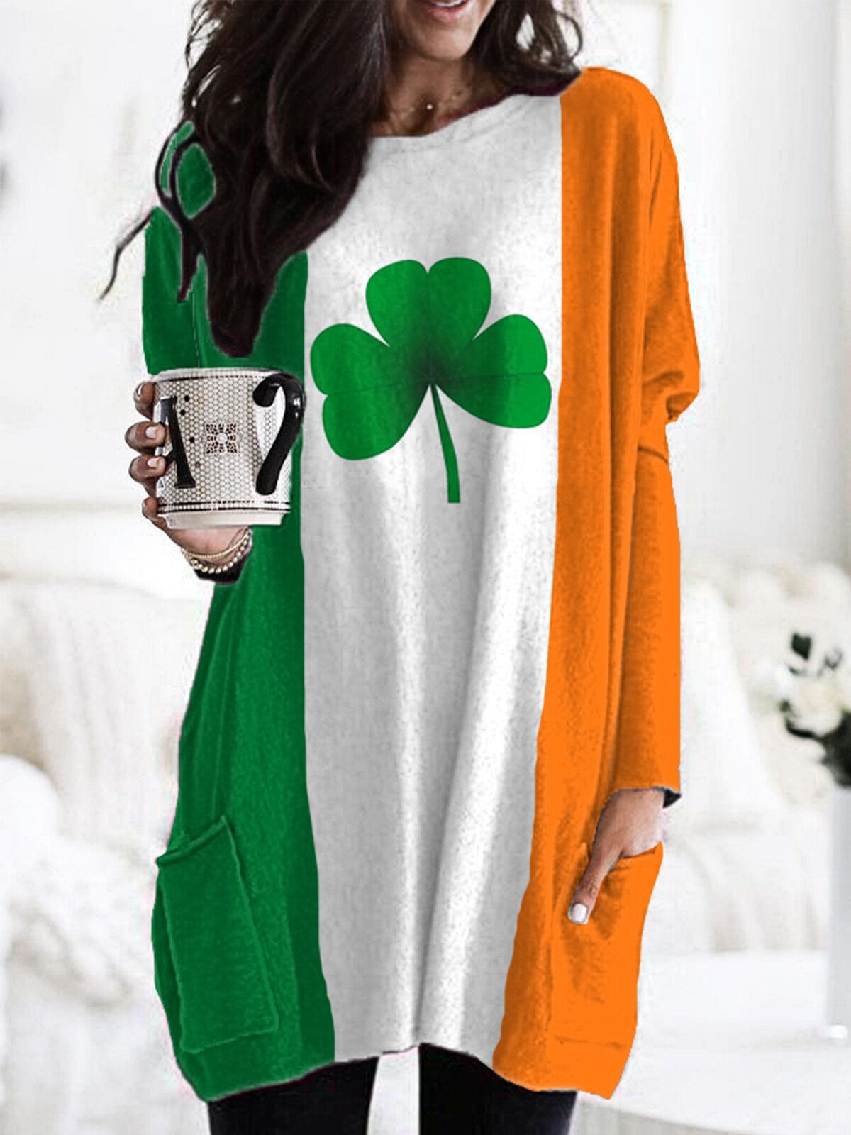 Langärmliges T-Shirt mit Kleeblatt-Print für Damen zum St. Patrick's Day 