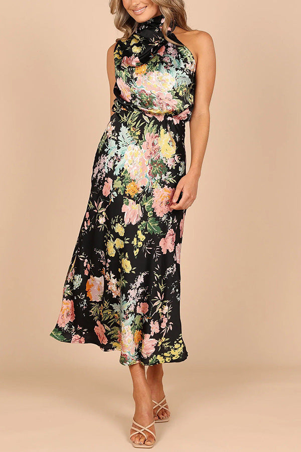 Temperament hanging neck printed satin dress