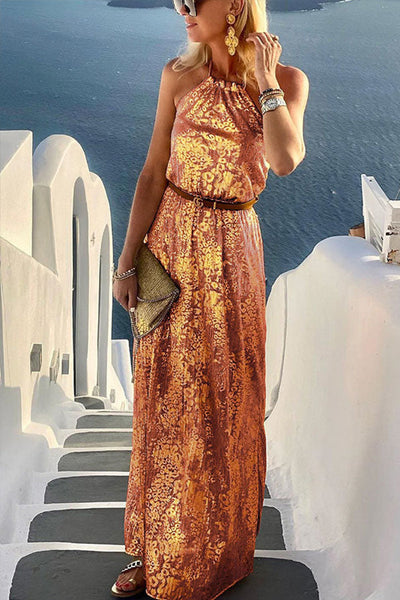 Diane Gold Leopard Print Halter Maxi Dress