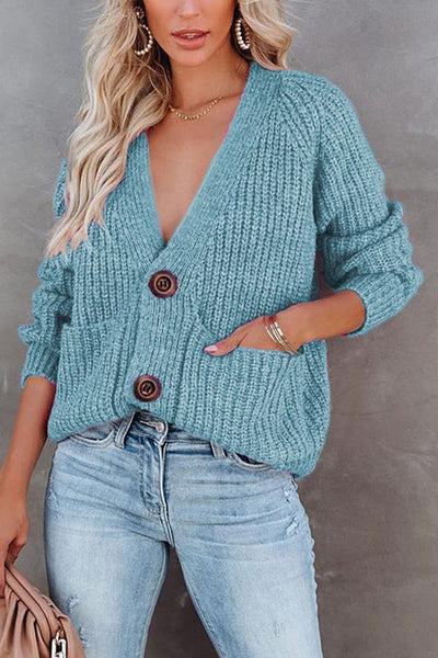 Solid V-Neck Cardigan Single Breasted Long Sleeve Sweater Jacket