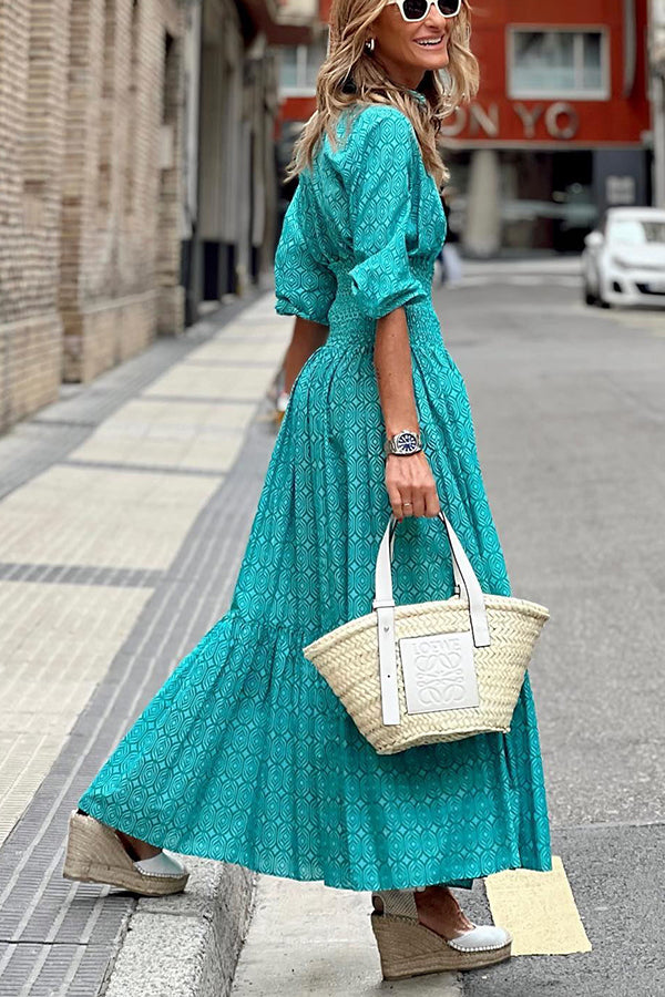 Special Treat Printed Elastic Waist Shirt Maxi Dress