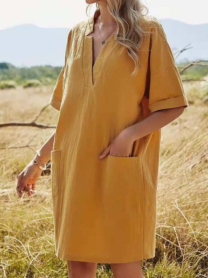 Women's V-Neck Loose Pocket Dress