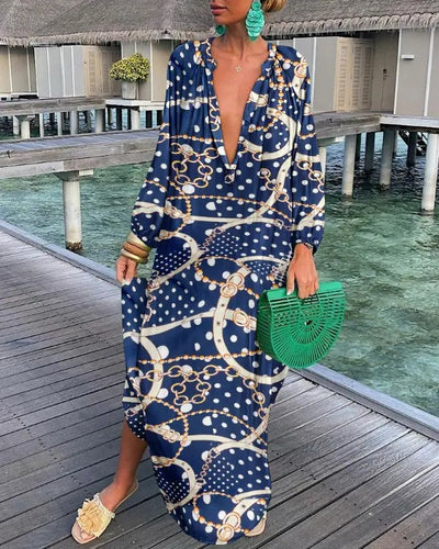 Autumn V-Neck Loose Long Sleeve Print Dress