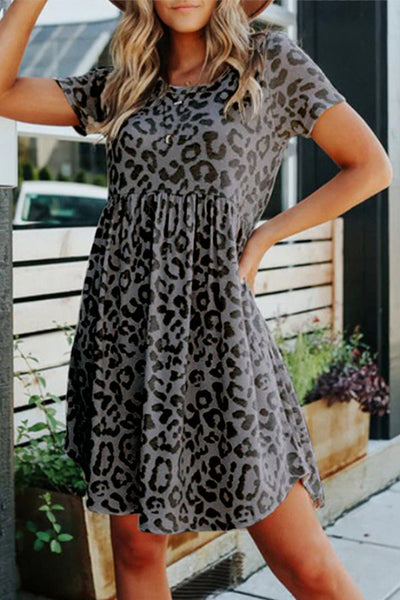 Leopard Print Crew Neck Casual Dress