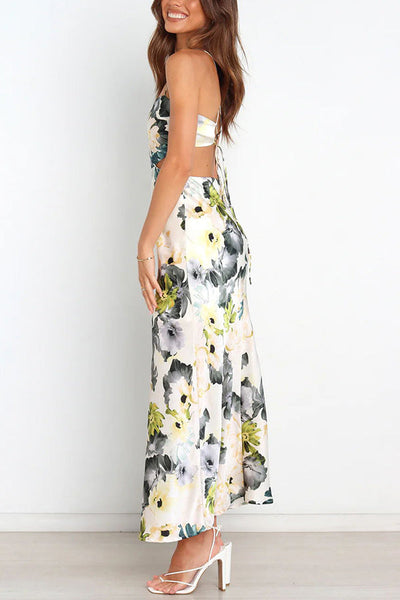 Garden Party Floral Satin Cut Out Back Lace-up Maxi Dress