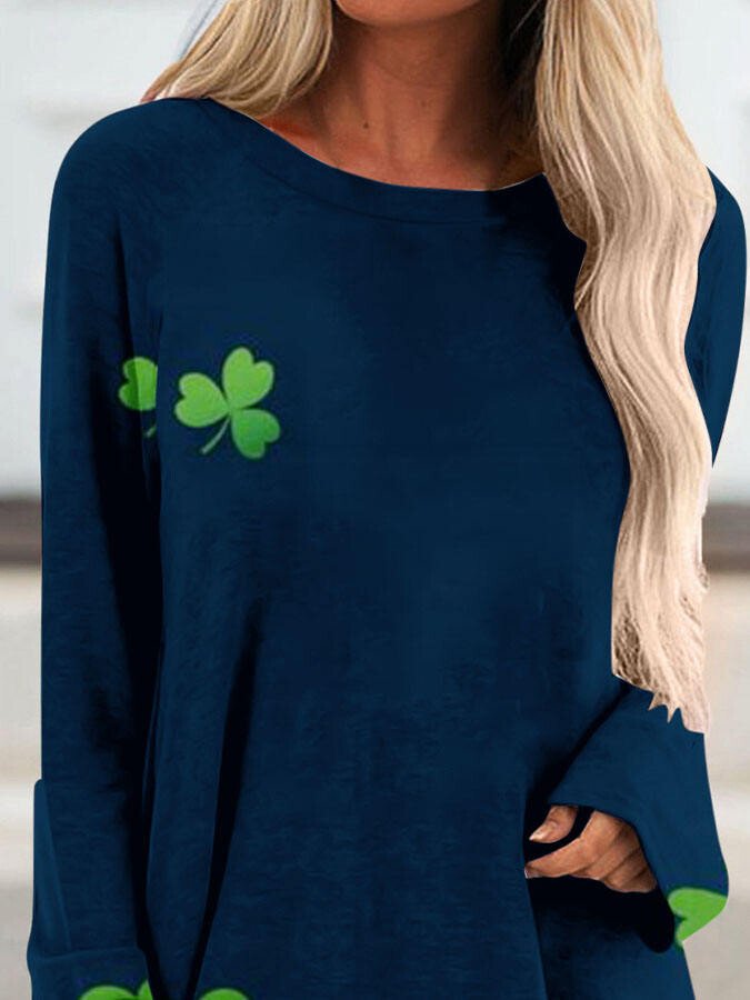 Four-Leaf Clover Hem Print Long-Sleeve T-Shirt