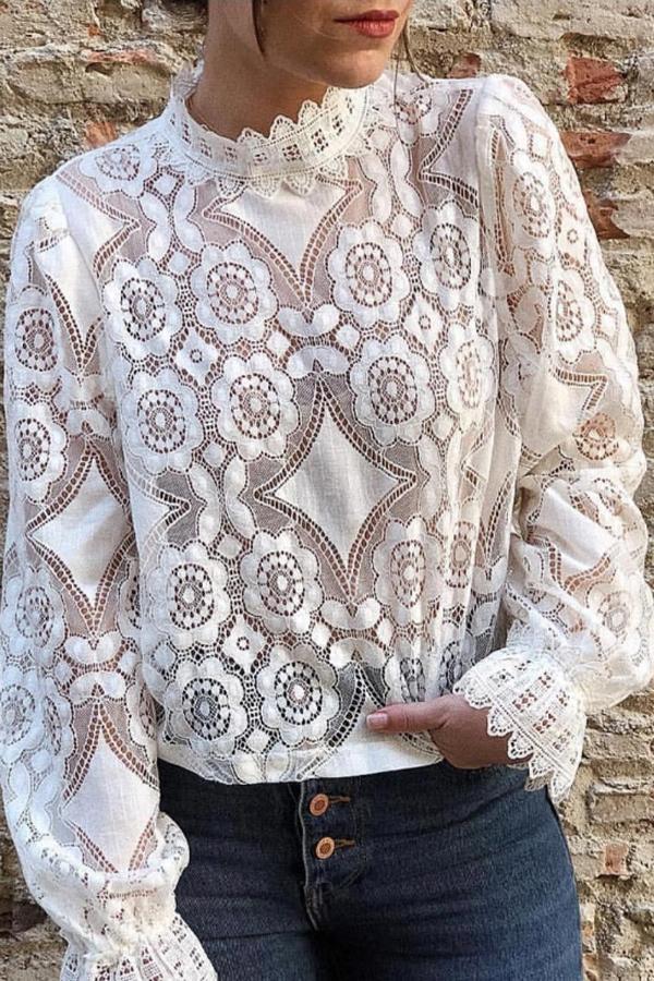 Long-sleeved Stand-collar Lace Top