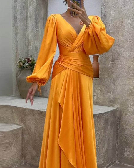 V-neck long-sleeved waist solid color dress