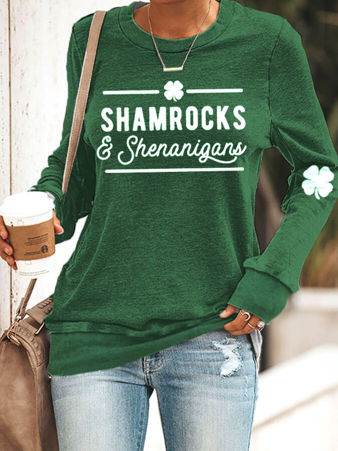 Sweat-shirt décontracté imprimé St Patricks Day pour femmes, trèfles et manigances 