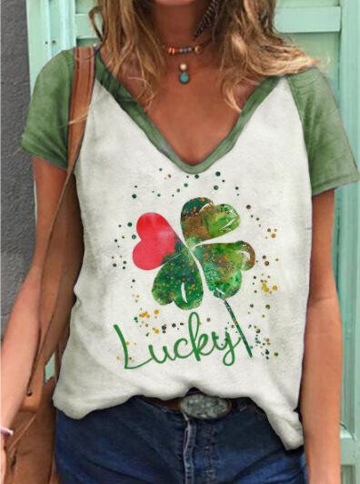 Women's St. Parker's Day Print Loose V-Neck Short Sleeve T-Shirt