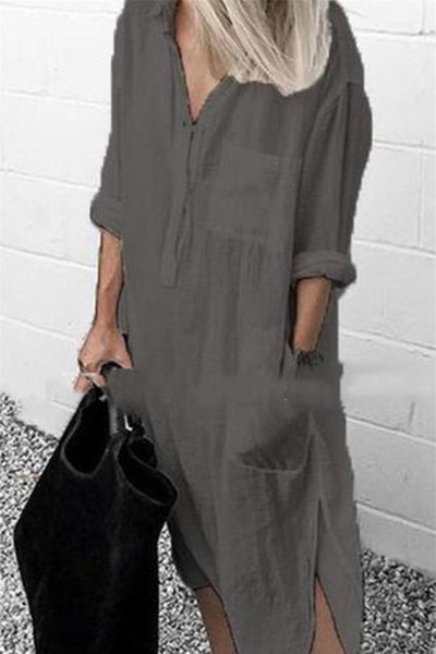 Elegant Solid Color Slit Shirt Dress