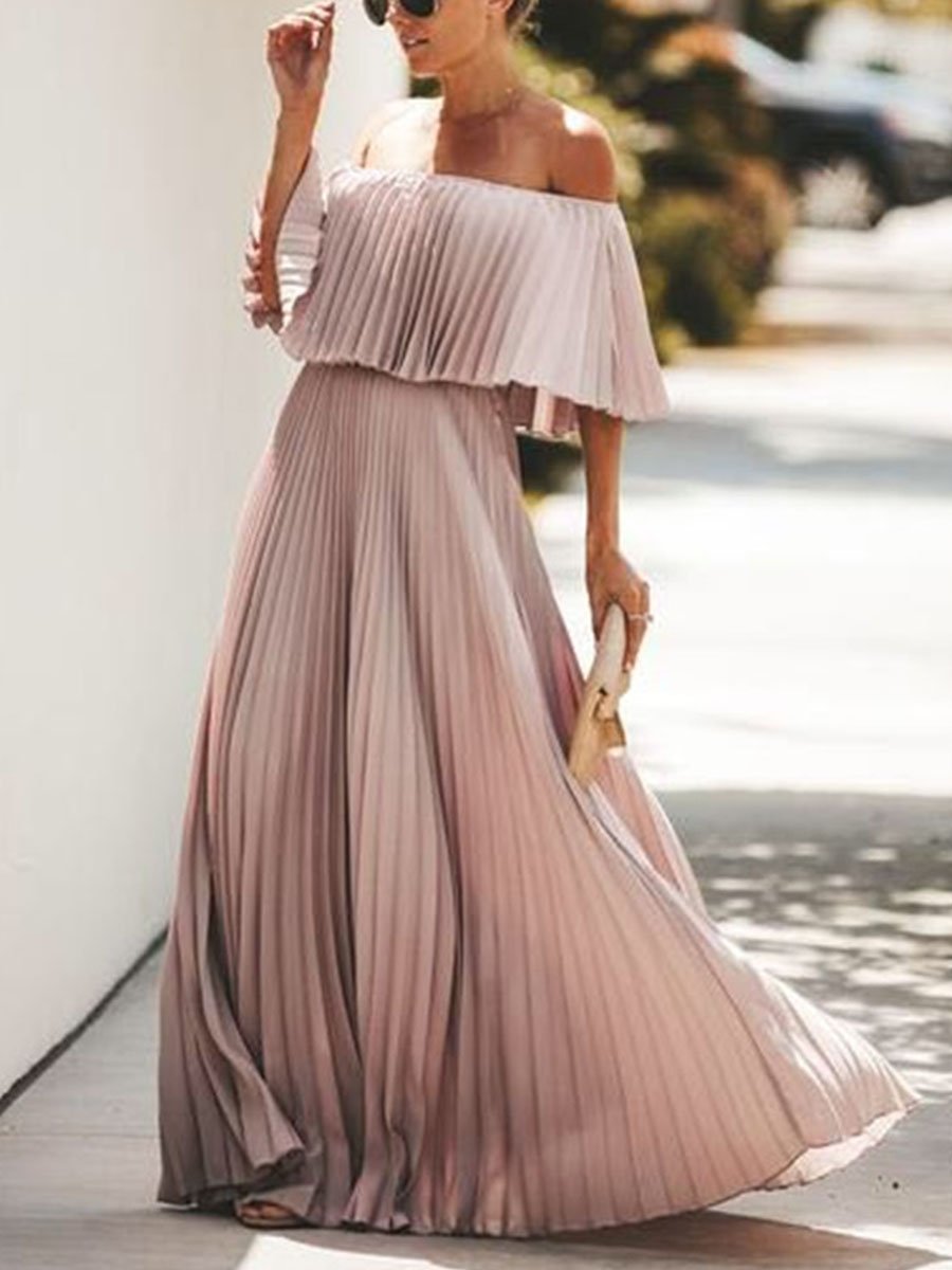 Ruffled Peated Chiffon Maxi Dress