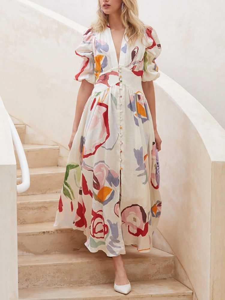 Temperament and fashionable V-neck printed long dress