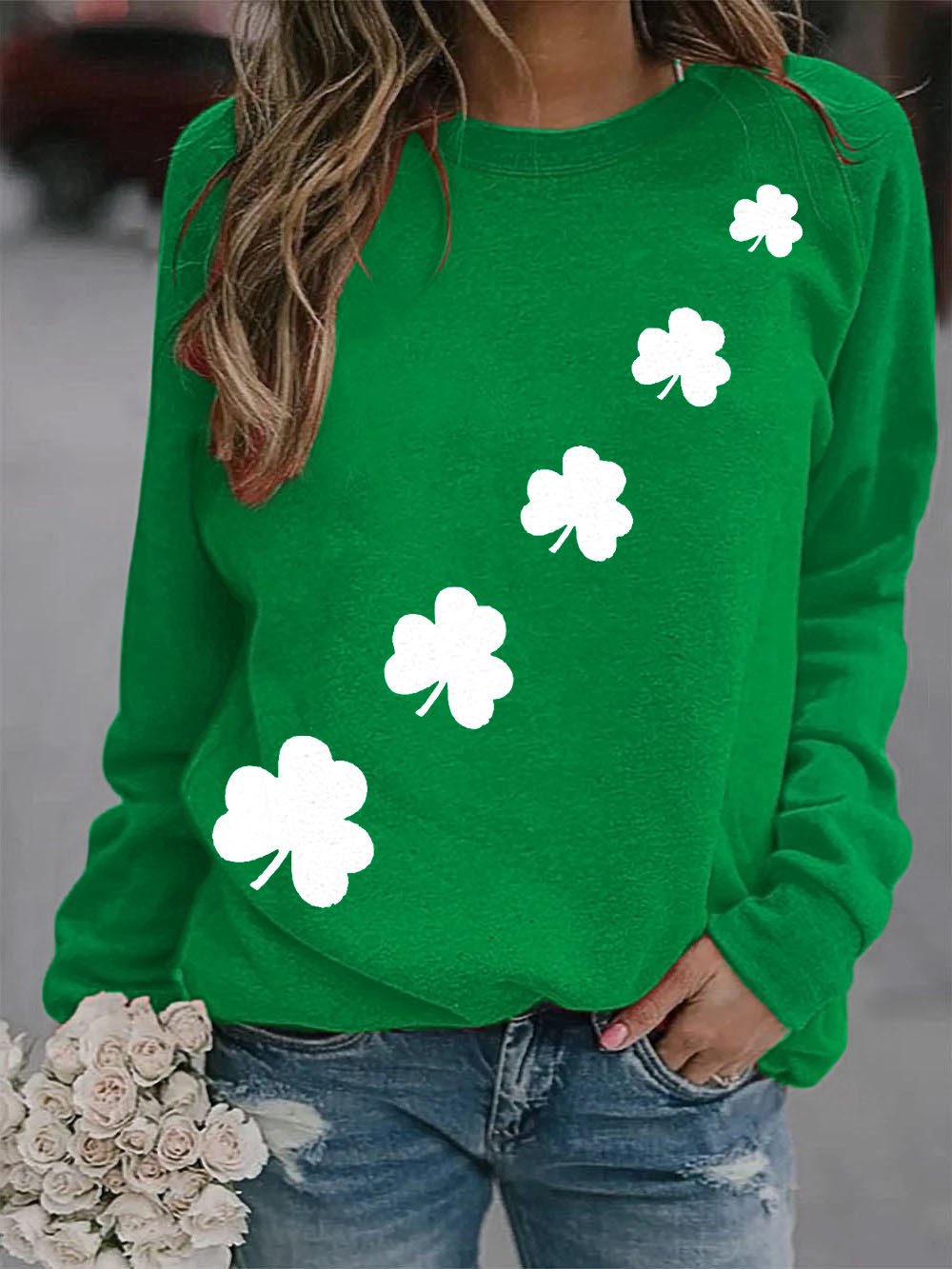 Sweatshirt mit Kleeblatt-Print für Damen zum St. Patrick's Day 