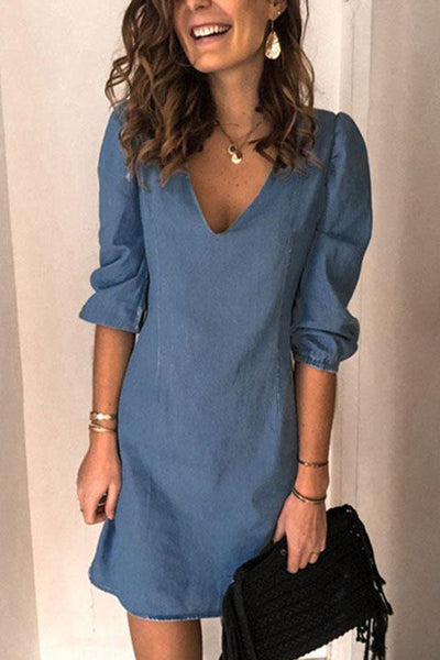 V Neck Elastic Cuff Sleeve Dress(5 Colors Available)