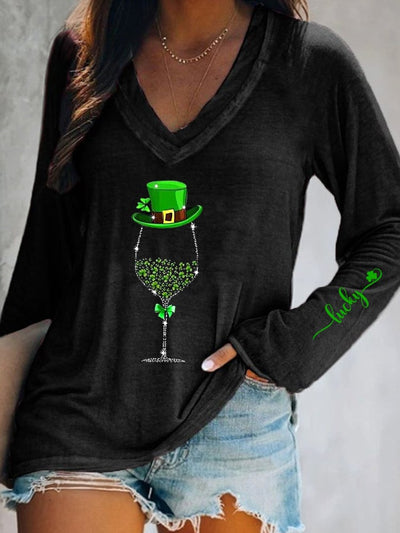 Women's St. Patrick's Day Shiny Wine Glass Lucky Shamrock Long-Sleeve T-Shirt