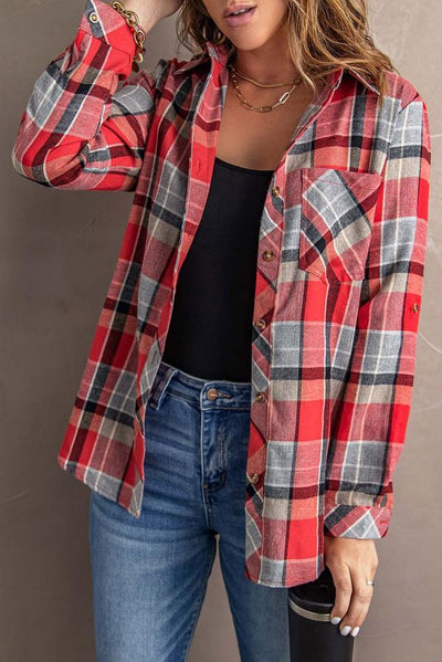 Plaid Button Blouse with Pocket
