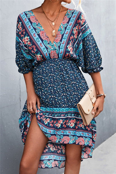 V-Neck Positioned Floral Irregular Backless Dress