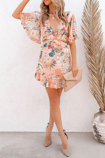 Floral Print Cutout Ruffled Chiffon Mini Dress